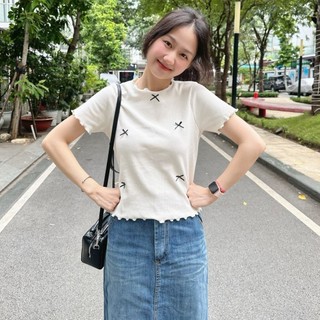 Áo Baby Tee Viền Bèo  Kiểu Đính Nơ Xinh Xắn A51048 xinh