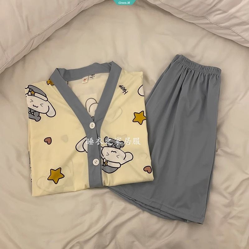 Bộ đồ ngủ nút cổ chữ V Cinnamoroll có giá trị cao cho bé gái Mùa hè Phim hoạt hình mới Ký túc xá sinh viên ngọt ngào và đáng yêu bên ngoài Mặc quần Short ngắn tay [GM]