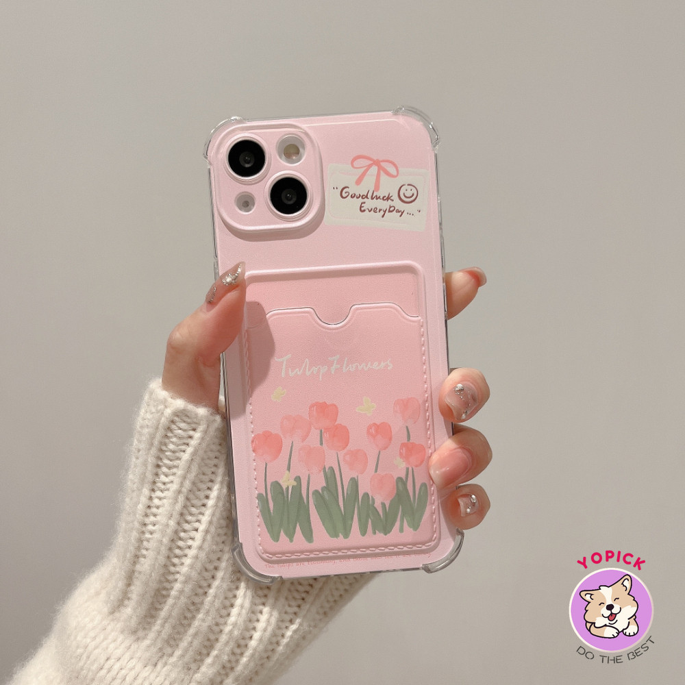 Hoa Tulip Hồng Cho IPhone 15 Ốp Điện Thoại 4 13 12 11 Pro Max X XS XR XS Max 7 8 Plus SE2020 12 Mini 13 Mini Vỏ Điện Thoại Thẻ Vỏ Điện Thoại Đựng Thẻ Chèn Vỏ Mềm Cô Gái KB