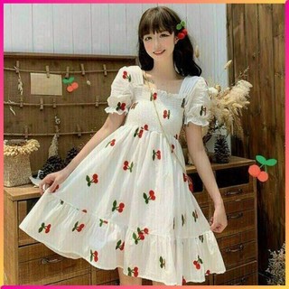 Đầm babydoll Đầm cherry girl kiểu xoè cổ vuông tay ngắn, đầm dáng baybydoll xòe midi in hình trái cherry