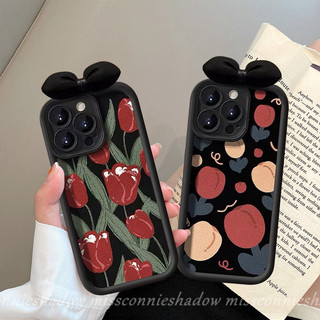Ốp điện thoại Hoa Tulip Nơ Nhung 3D Thời Trang Đáng Yêu Tương Thích Cho IPhone 11 14 15 13 12 Pro Max 7Plus X XR XS Max 6S 6 7 8 Plus SE 2020 Đôi Mắt Thiên Thần Dễ Thương Floret Mềm Tpu