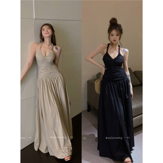 「Nonfatgirl」Trà Break Light Phong Cách Trưởng Thành Off-the-Shoulder Slim-fit Hẹp Mỏng Hơn Nhìn Nhăn Viền Lớn Váy Chữ A Mặt Dây Chuyền Cảm Giác Sang Trọng Váy Sling