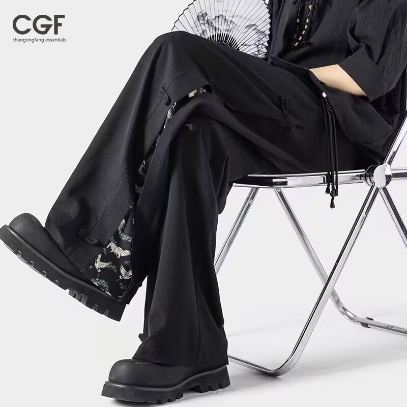  Ridge Quần dài phong cách Trung Quốc mới dáng rộng quần ống rộng lụa băng 