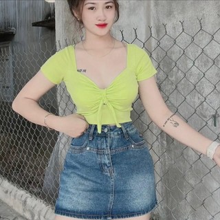 A95 Áo croptop nữ kiểu thun gân len 4 chiều cột nơ  ( ko mút )