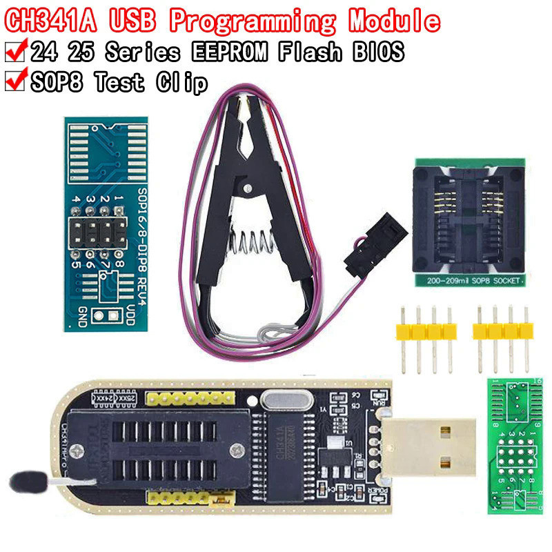 CH341A XTW100 24 25 Series EEPROM Flash BIOS CH341 Mô-đun lập trình USB + Kẹp kiểm tra SOIC8 SOP8 ch