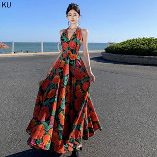 2024 Sản Phẩm Mới Đầm Hoa Retro Cổ Chữ v Dài Cổ Chữ v Phong Cách Đầm Hẹp Sáng Phong Cách Hồng Kông Kỳ Nghỉ Lớn Váy Đi Biển Kỳ Nghỉ Ảnh