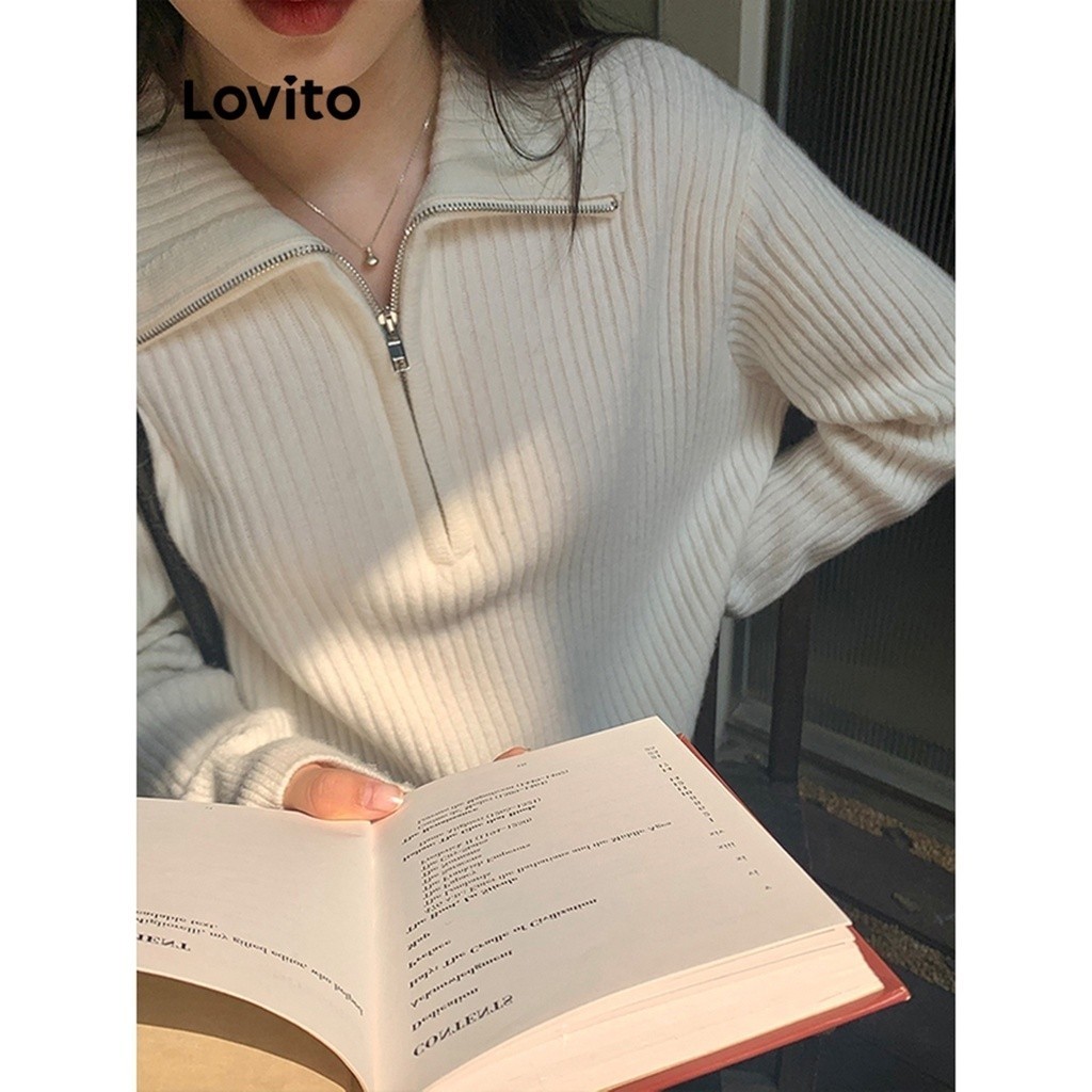 Lovito Áo len cơ bản có dây kéo trơn thông thường cho nữ LNE30026 (Cà phê/Trắng nhạt/Đen)