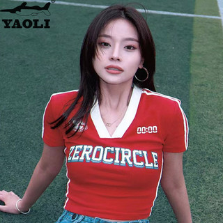 Yaoli Áo Thun Nữ Mỹ retro Chữ Cao Cấp Vai Phải Áo Thun Tay Ngắn Mỏng Mùa Hè Nóng Bé Gái Cổ Chữ v Ngắn