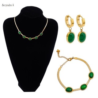  Mới Thanh Lịch Cao Quý Nữ Cô Gái Giả Ngọc Lục Bảo Bộ Trang Sức Đơn Giản Sang Trọng Tinh Tế Bông Tai Vòng Cổ Bộ Vòng Tay Thép Titan Flat Rắn Dây Chuyền Trang Sức 