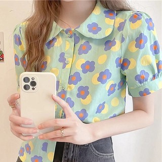 Áo sơ mi ngắn tay cổ bẻ in họa tiết hoa phong cách cổ điển thời trang dành cho nữ