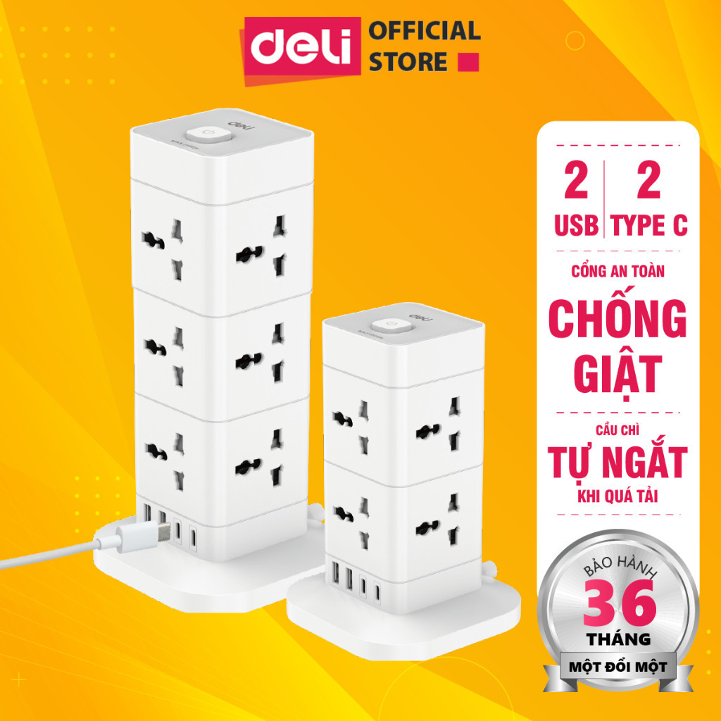 Ổ cắm điện hình tháp Deli có sạc nhanh USB & Type-C, công suất tối đa 3250W, cầu chì tự ngắt, nắp ch