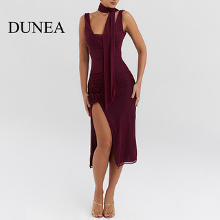 Dunea nữ lưới gợi cảm chắp vá cổ xoay dây chia lưng đầm