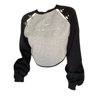 Yuewen Thương Hiệu Mỹ Retro Raglan Áo Ngắn Nữ Thiết Kế Đầu Thu Khâu Vai Trang Trọng