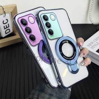 Ốp khung sang trọng Vivo Y100 5G Vỏ điện thoại di động mạ điện Vỏ mềm chống rơi viền bao gồm tất cả các cạnh có giá đỡ từ tính bằng kim loại tròn