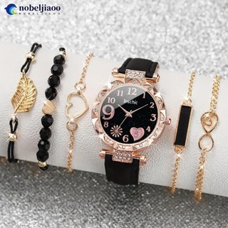 Nobeljiaoo 5 cái / bộ đồng hồ nữ da sang trọng analog nữ thạch anh đồng hồ đeo tay thời trang vòng tay bộ đồng hồ k4q1