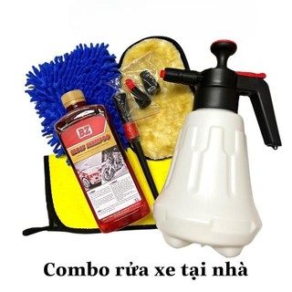 Combo rửa xe tại nhà: bình xịt bọt tuyết 2l, nước rửa xe BZ, cọ, khăn lau xe, bao tay san hô, lông cừu