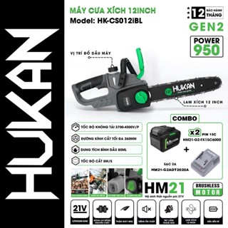 Máy cưa xích pin HUKAN HK-CS012IBL, Không Chổi Than, Công suất 950W, Cắt tối đa 260mm
