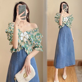 2024 Mới Cao Cấp lệch Vai Mùa Hè Mỏng Sang Trọng Retro Giảm Béo Đầm Denim
