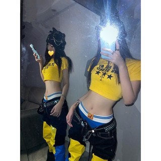 Chữ Ngắn Tay Châu Âu Mỹ Top Rốn Crop Hot Girl Millennium Retro In Hình Bên Ngoài Áo Thun Nữ Ngắn Vàng Y2K U2G