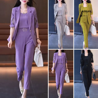 Ayyufe 3 Cái / bộ Bộ Đồ Công Sở Nữ Cổ Chữ V Áo Vest Không Tay Nửa Tay Ve Áo Rỗng Ra Áo Cao Cấp Hậu Cung Quần Màu Trơn Phong Cách Giao Tiếp Trang Trọng Áo Khoác Nữ Bộ Quần
