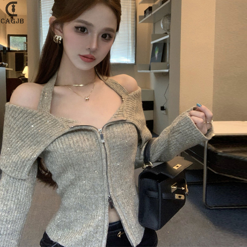 Áo len dệt kim trễ vai dài tay có dây kéo mỏng dành cho nữ YOMG