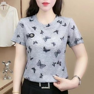 2023 Phong Cách Mùa Hè Thời Trang Dễ Thương In Hình Bướm Sang Trọng Phù Hợp Với Áo Thun Nữ Tay Ngắn Trung Niên Mẹ Mùa Hè Đầm