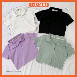 Áo polo nữ croptop LOZADO áo phông cổ bẻ ngắn tay chất zip co giãn dễ mặc nhiều màu xinh A396