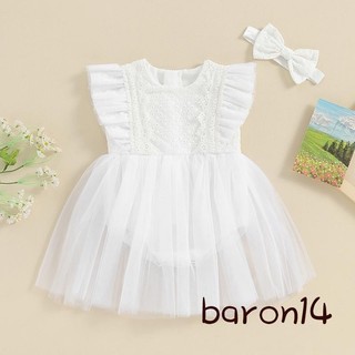 Bộ áo liền quần mùa hè cho bé gái Áo liền quần dài tay cổ tròn Váy vải tuyn viền ren có băng đô