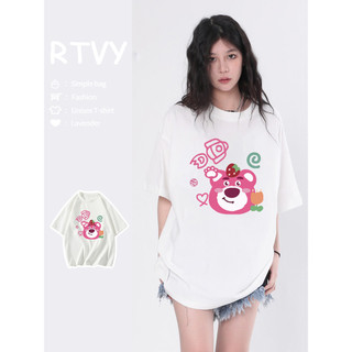 「RTVY」Áo thun Cotton ngắn tay nguyên chất màu trơn Oversize gấu dâu in hình dáng rộng