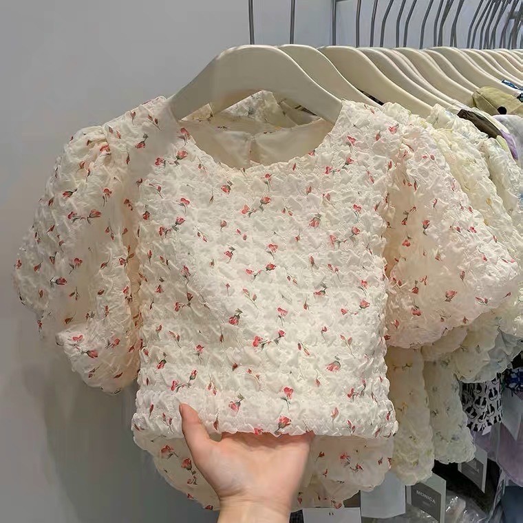 Áo Voan Hoa Nhí Nhún Cổ Tròn Hai Lớp Siêu Xinh Dáng Tiểu Thư