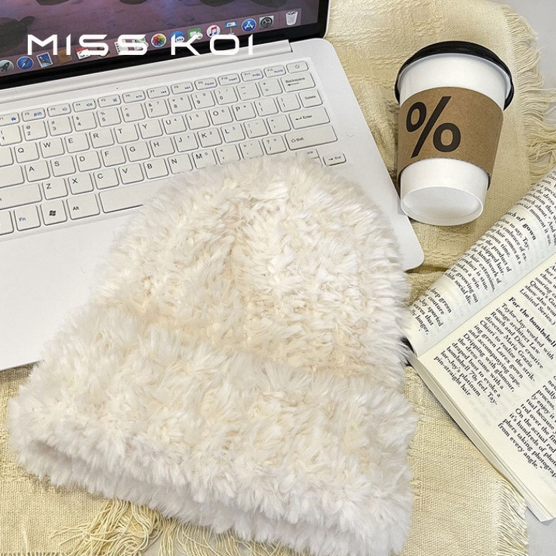 Misskoi  Mũ Len Dệt Kim Màu Trắng Sữa Phong Cách Mới Mùa Thu Đông Ấm Áp Che Mặt Dành Cho Nữ