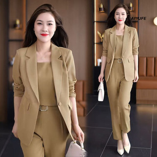 Ayyufe 3 Cái / bộ Áo Vest Nữ Quần Áo Phù Hợp Với Ve Áo Cardigan Màu Trơn Cao Túi OL Đi Công Sở Trang Trọng Quần Áo Công Sở Áo Khoác Quần Top Phù Hợp Với