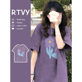 「RTVY」Phiên bản Hàn Quốc Áo thun ngắn tay thời trang Oversize in hoa dáng rộng