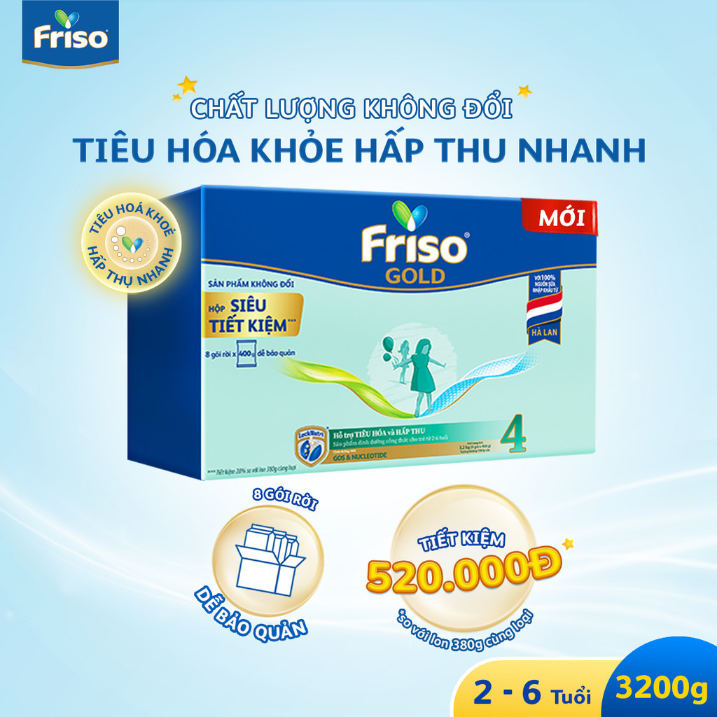 [Mua 2,8kg Tặng 1 Gói 400G] Sữa Bột Friso Gold 4 Hộp Giấy 3,2KG