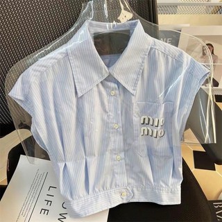 Áo Sơ Mi vintage kiểu Hàn Quốc không tay mẫu ngắn cho nữ thích hợp áo chữ cái rộng rãi kẻ sọc cao cấp mùa hè sang trọng