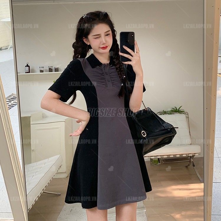 Đầm polo Bigsize Váy nữ dáng dài tay ngắn có cổ chữ a mùa hè Phong cách Hàn Quốc Thời Trang tiểu thư cá tính xinh đẹp cho người mập béo