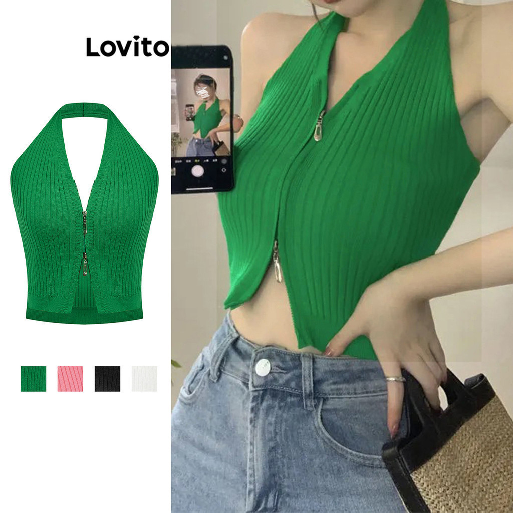 Lovito Áo dệt kim có dây kéo trơn thông thường dành cho nữ L79AD031