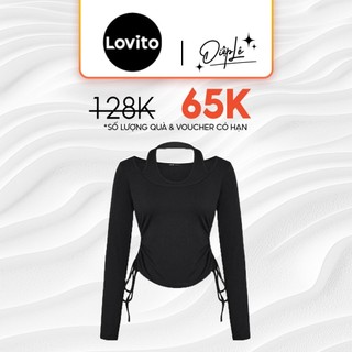 Áo croptop y2k thun dệt kim Lovito dây rút sọc caro phối hở đơn giản cho nữ L45AD007 (màu đen)