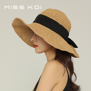 Misskoi  Nơ Đen Thanh Lịch ~ Mũ Rơm Nữ Mùa Hè Phiên Bản Hàn Quốc Kem Chống Nắng Vành Lớn Rơm Mũ Chống Nắng Du Lịch Đi Biển Mũ