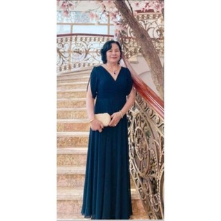 Đầm dạ hội trung niên voan chiffon cổ V xếp ly tay xẻ đính đá nhấn ly eo gọn dáng, Đầm dạ hội voan trung niên 75kg