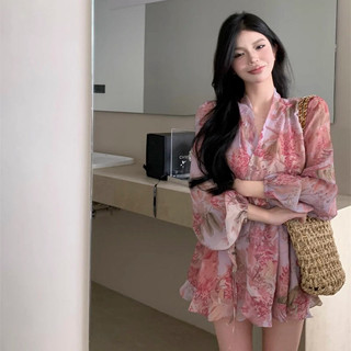 Phong Cách Kỳ Nghỉ Pháp Nữ Váy Ngắn Phong Cách Mới Lãng Mạn Đầm Đầu Váy Eo Nẹp Tay Phồng Xù Hoa Xuân HWRM