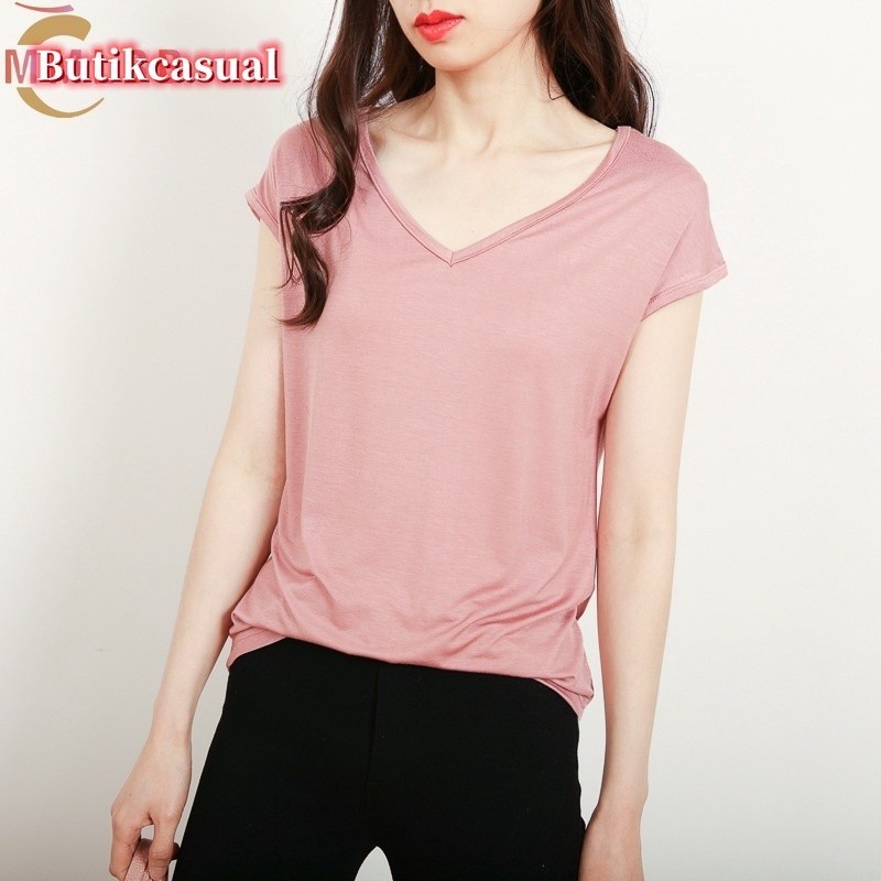 Áo Thun NgắN Tay Cổ Chữ v MàU Trơn ThờI Trang Cho Nữ 40-78KG