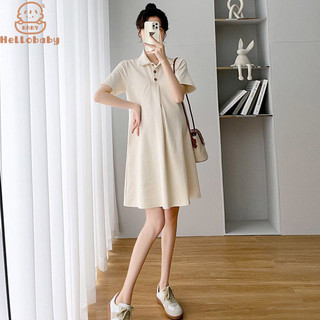 Hellobaby Váy cổ polo mùa hè thời trang dành cho phụ nữ mang thai Váy đi chơi ngắn tay thông thường dài vừa phải cho bà bầu