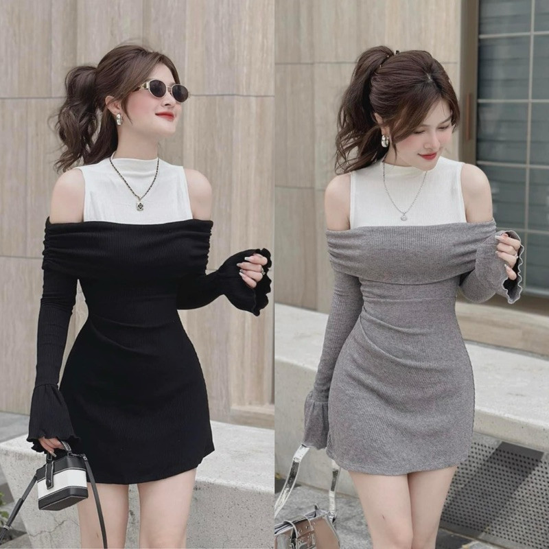 ĐẦM BODY TRỄ VAI RÚT DÂY ĐEN (về thêm Đầm body khoét trễ vai tay loe xám đen phối trắng)