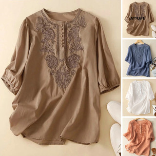 Ayyufe Nữ Top Thêu Cổ Tròn Thanh Lịch Tay Ngắn Cotton Vải Lanh Mùa Hè Vintage Thêu Top Nữ Vải