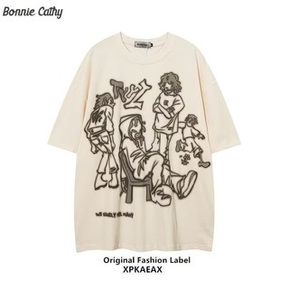 Áo thun nam tay ngắn cỡ lớn Bonnie Cathy American High street dáng rộng mùa hè