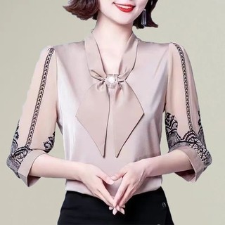 Áo Sơ Mi Nữ Thời Trang Ba Phần Tư Áo Thun Tay Áo Sơ Mi Nhỏ Tính Khí Mẹ Mặc Đơn Giản Rời Tuổi Giảm