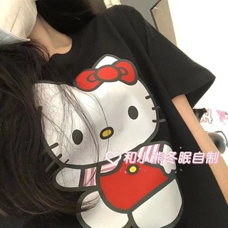 Học viện thời trang Hàn Quốc Phim hoạt hình Kitty Áo thun ngắn tay cổ tròn in hình nữ dáng rộng và đa năng dành cho sinh viên
