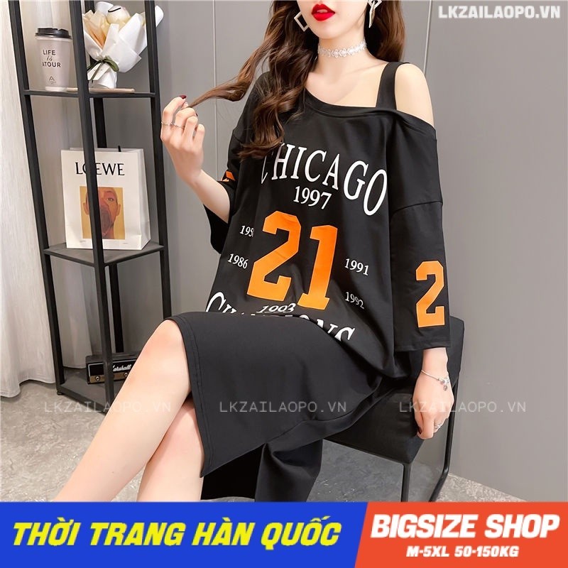 Váy đầm nữ Bigsize Đầm thun suông dài qua gối tay ngắn trễ vai hở vai in hình đen mùa hè Phong Cách hàn quốc đẹp Thanh Lịch cho nữ