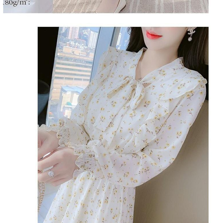 Sugemiusi Đầm chiffon Dài Tay In Hoa Cao Cấp Thời Trang Xuân Thu 2023 Phong Cách Mới